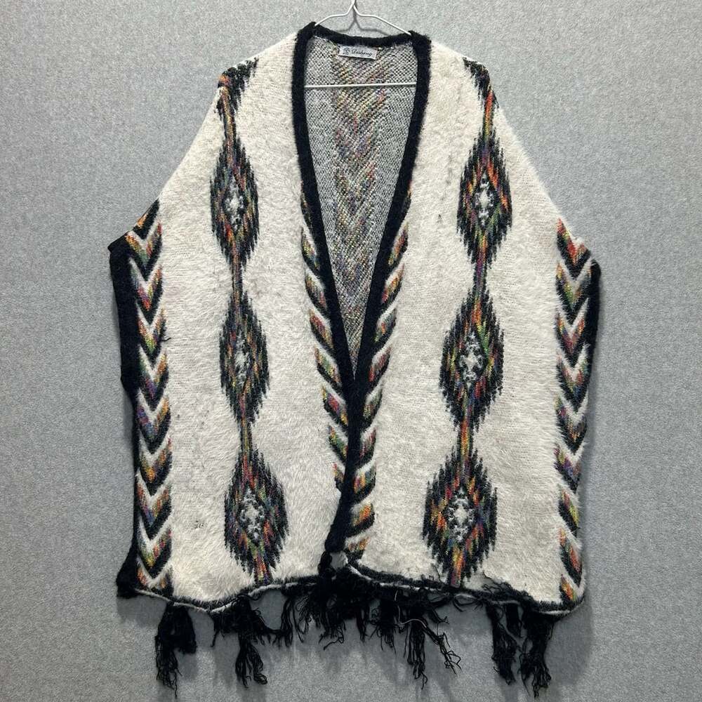 Desheng Southwestern Fuzzy Knit Fringe Poncho